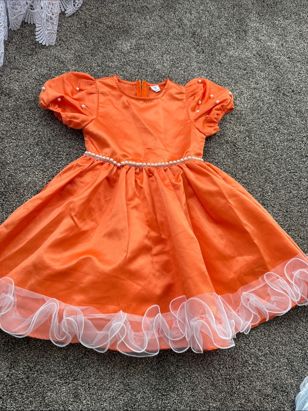 SHEIN Orange Puff Sleeve Pearl Trim Party Dress